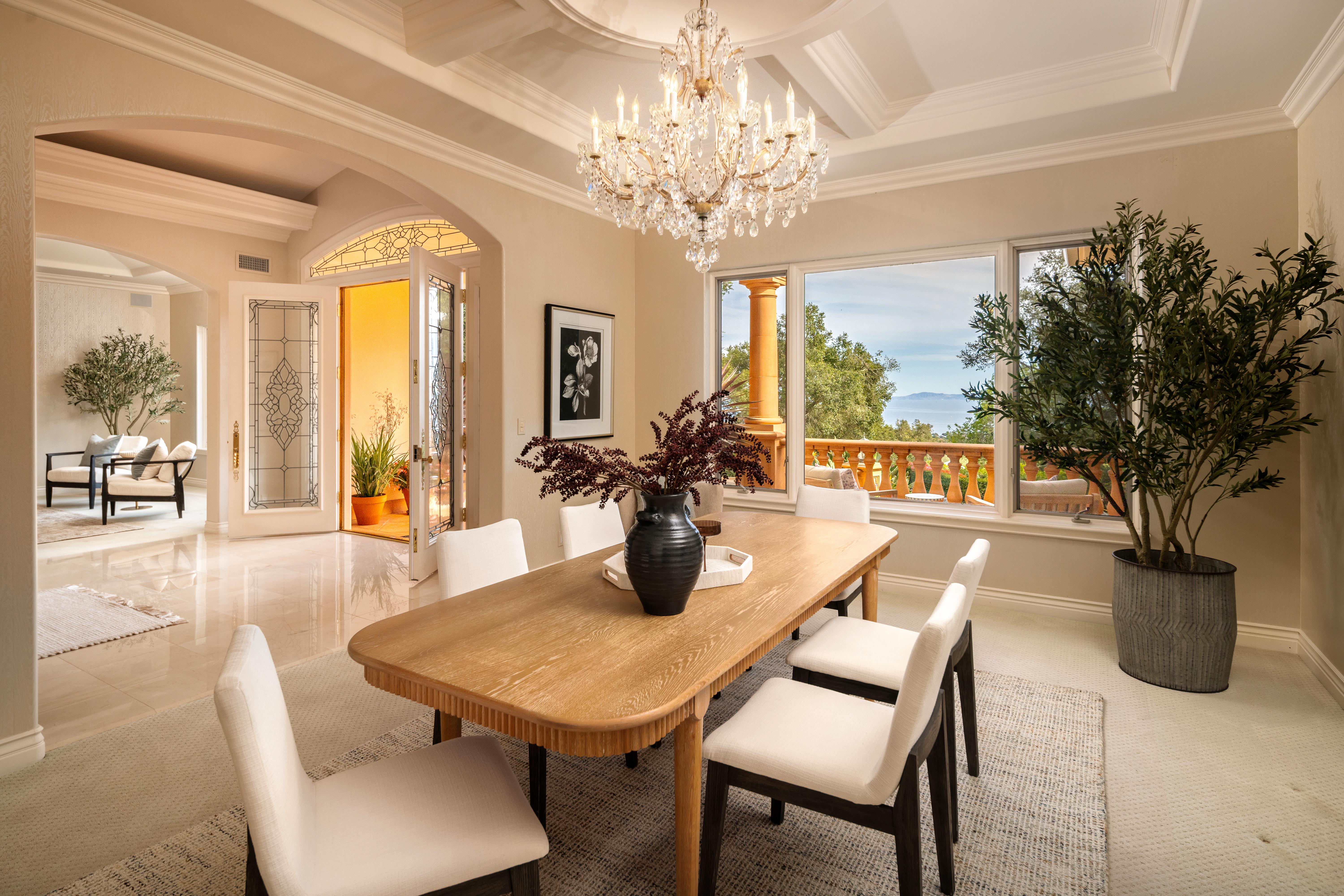 Professional real estate photography of primary suite and ocean-view terrace at 450 El Cielito Rd, Santa Barbara — Matterport virtual tour and still photography package for a distinguished Santa Barbara Riviera estate above Hope Ranch. Our team captured still photography, aerial drone photography, twilight photography, a Matterport virtual tour, a 2D floor plan, and a custom property website from afternoon through twilight.