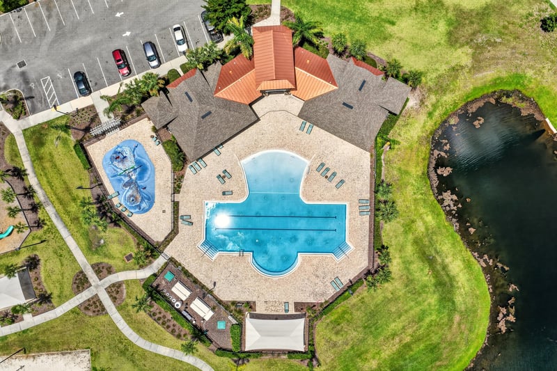 Aerial view of the community pool and water slide in Jacksonville, FL