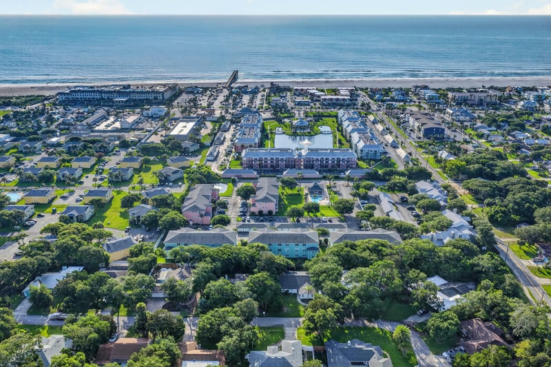 Aerial view of the town and coastline in St. Augustine, FL
