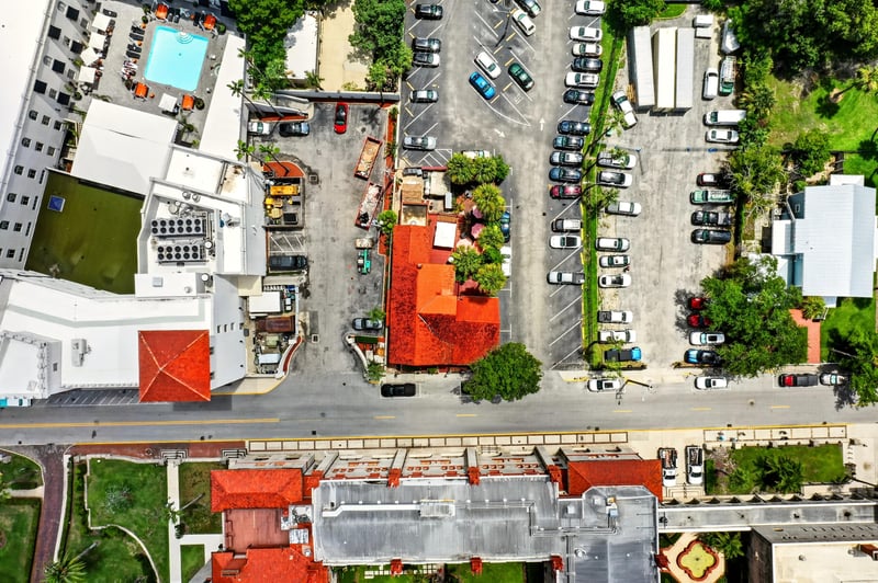 Aerial view of the property's block in downtown St. Augustine, FL