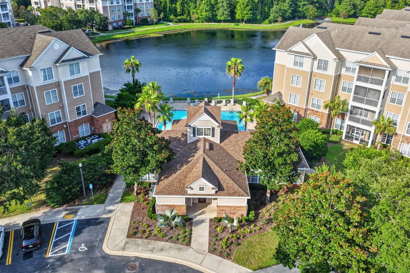 Aerial view of the lake and clubhouse area in Campfield