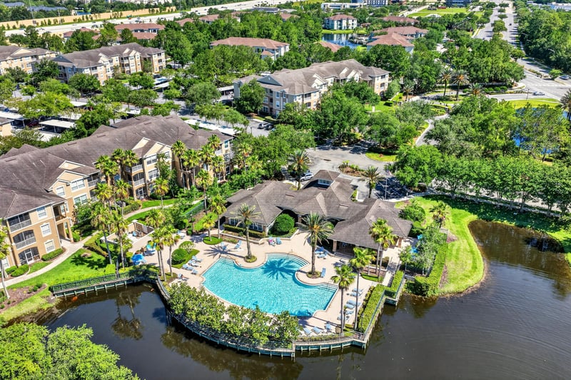 Aerial view of community pool and pond in Jacksonville