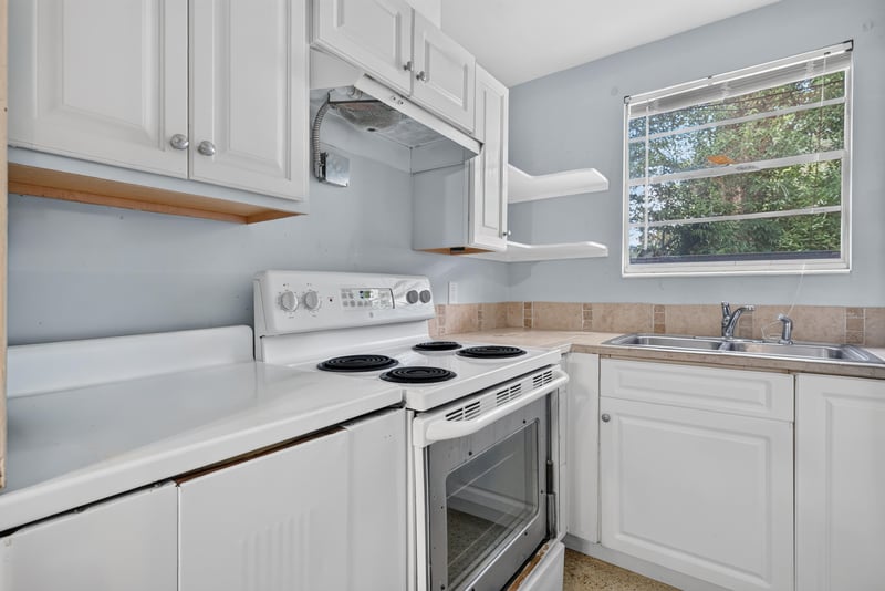 Kitchen with stove and white cabinets at 5745 110th St, Jacksonville, FL 32244