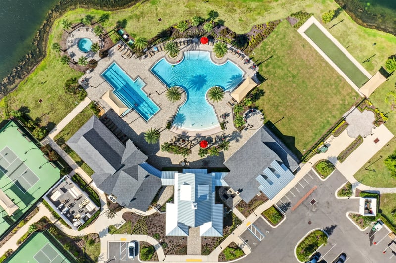 Aerial view of the community pool area in St. Augustine, FL
