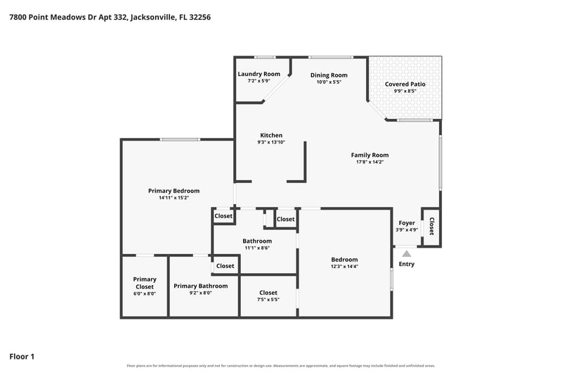 Floor plan of the 2-bedroom, 2-bath condo at 7800 Point Meadows Dr, Jacksonville, FL 32256