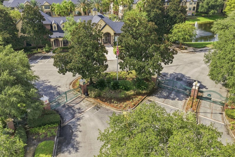 Aerial view of community parking area and trees in Reserve at Point Meadows