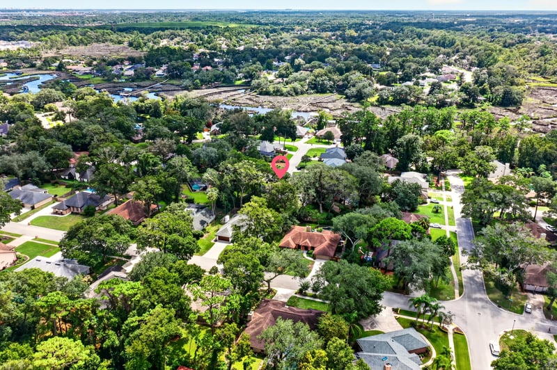 Aerial view of surrounding streets and tree canopy in Jacksonville, FL