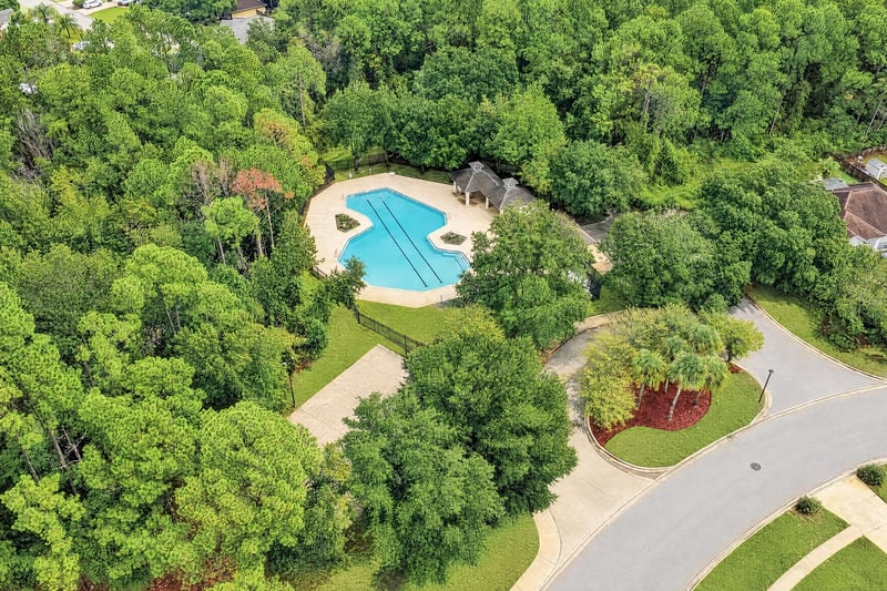 Aerial view of community pool and clubhouse in Jacksonville