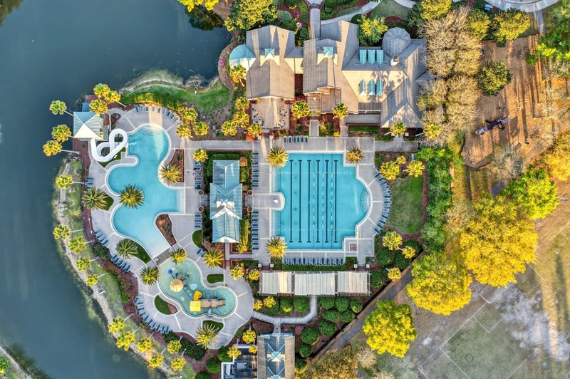 Aerial view of water slides and pools in Oakleaf Plantation