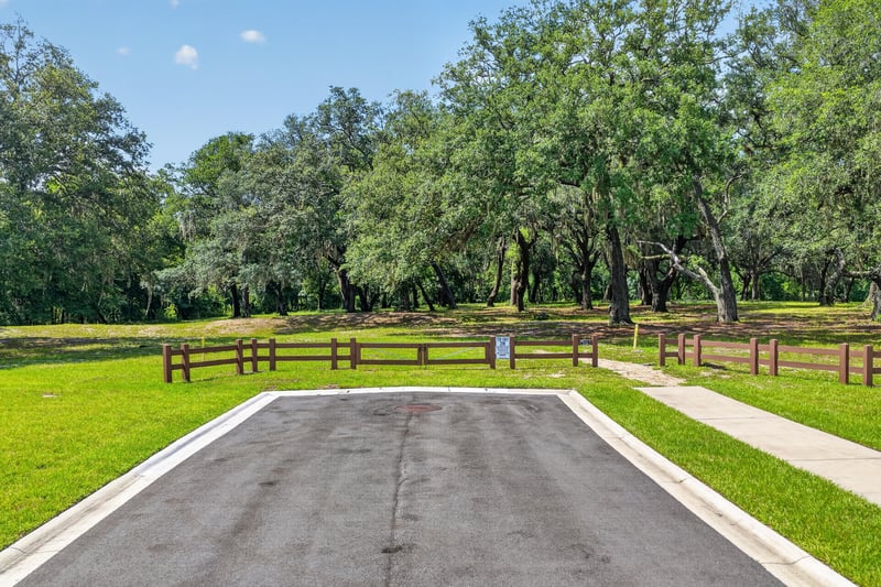 Oak-lined common area within the community in Whisper Creek