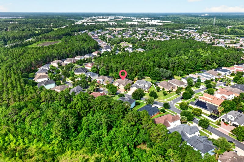 Aerial view of wooded community streets in Ponte Vedra Beach, FL
