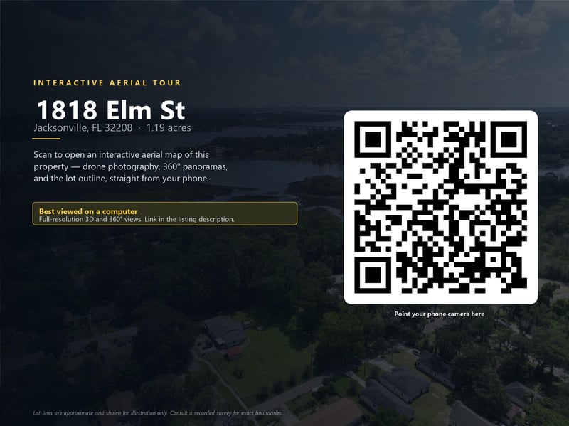 Interactive aerial tour graphic with QR code for 1818 Elm St, Jacksonville, FL 32208