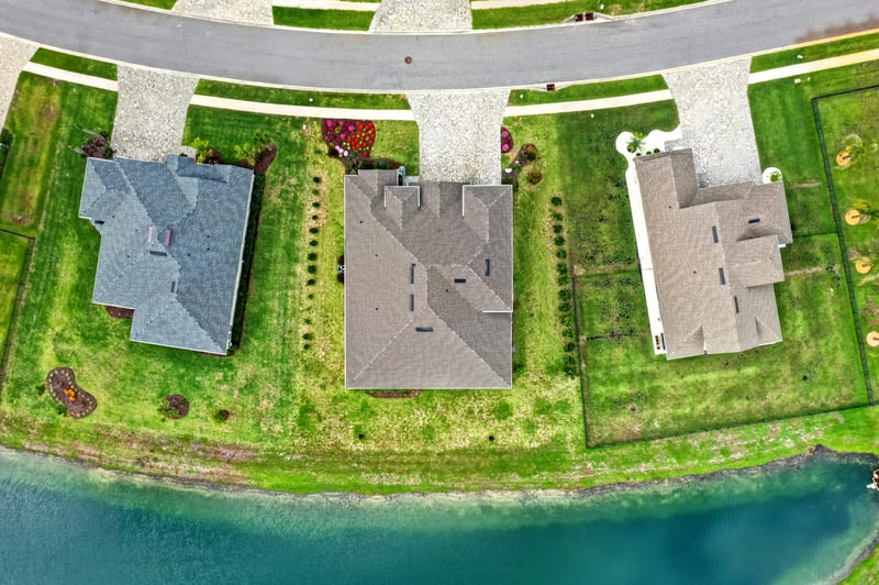 Drone view of the home's roofline and driveway in Fernandina Beach, FL