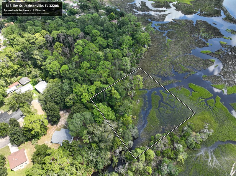 Aerial view of parcel boundary over marsh near nearby homes at 1818 Elm St, Jacksonville, FL 32208