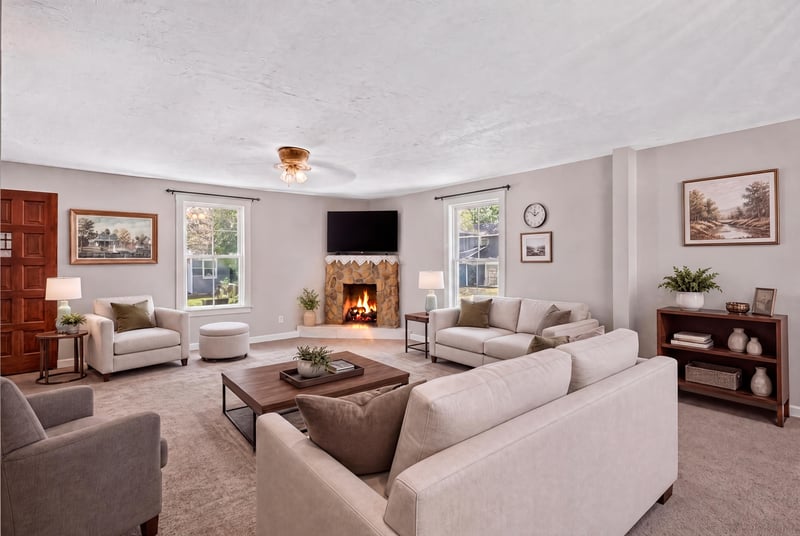Virtually staged living room with fireplace and sectional sofa at 1173 US-17, Satsuma, FL 32189