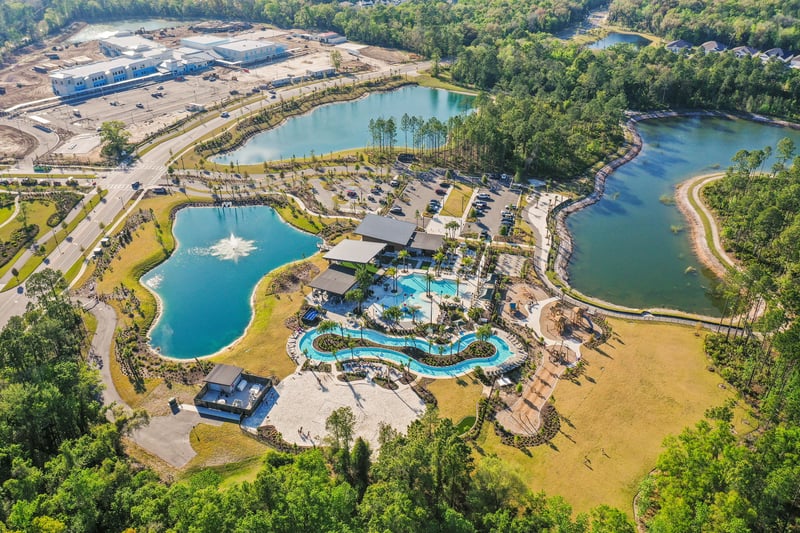 Aerial view of pond and amenity center in St. Johns, FL