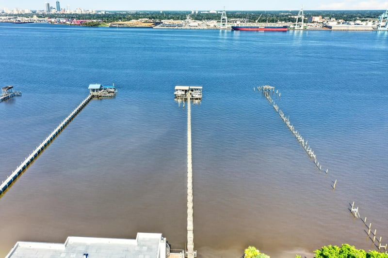 Aerial view of docks extending over the water in Jacksonville