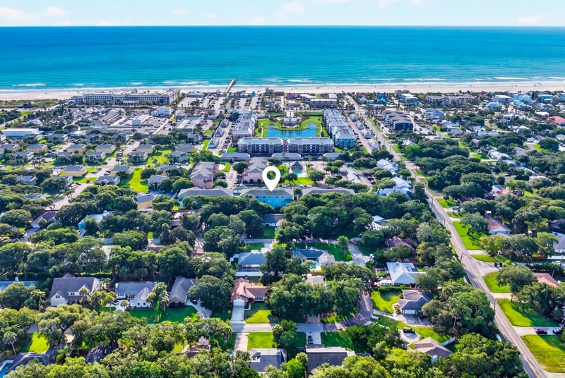 Aerial view of the neighborhood street grid and coastline in St. Augustine, FL