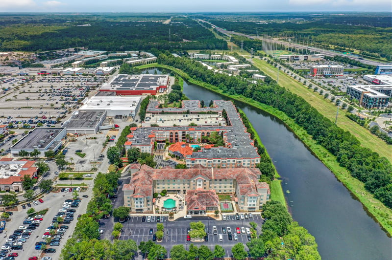 Aerial view of the complex along the water in Jacksonville, FL