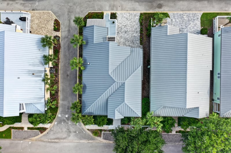 Aerial close-up of the home's metal roof at 117 Island Cottage Way, St. Augustine, FL 32080