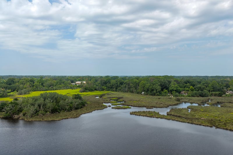 Aerial view of marsh and open water under cloudy sky at 1818 Elm St, Jacksonville, FL 32208