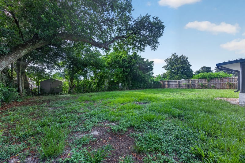 Backyard lawn bordered by trees and fence at 12351 Condor Dr