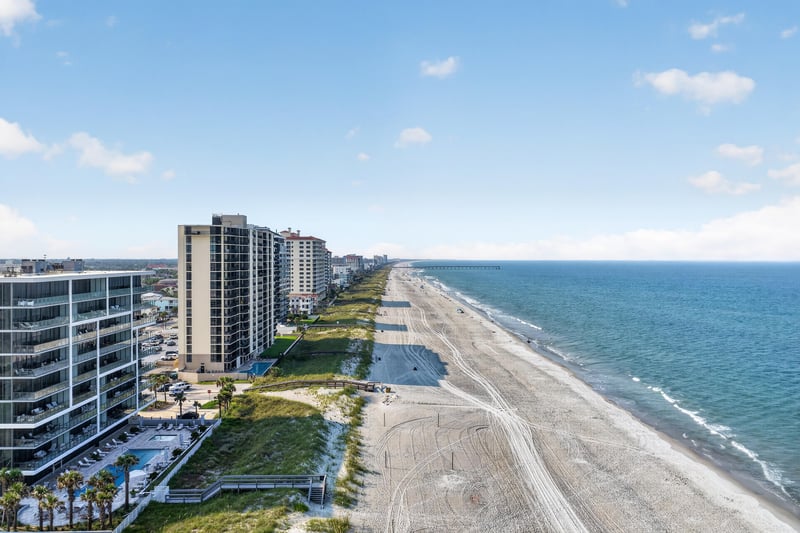 Aerial panorama of the building and beach in Jacksonville Beach