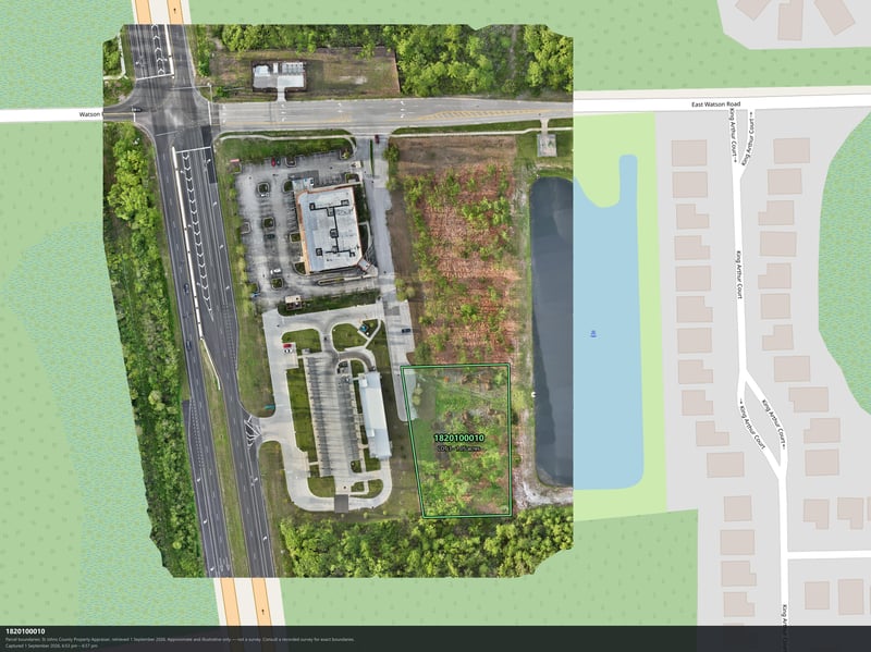 Aerial map view of the parcel outline near the pond at 4900 US-1, St. Augustine, FL 32086