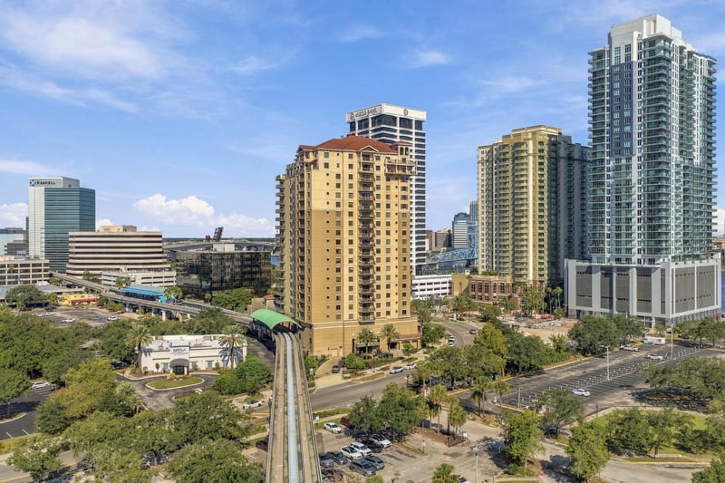 Day aerial of downtown Jacksonville skyline in Jacksonville, FL