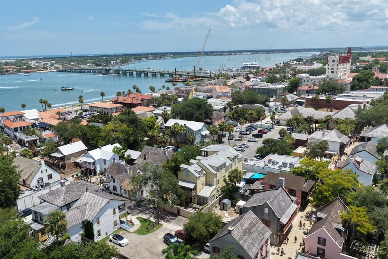Aerial view over the historic district toward Matanzas Bay and the bridge at 29 Cuna St, St. Augustine, FL 32084