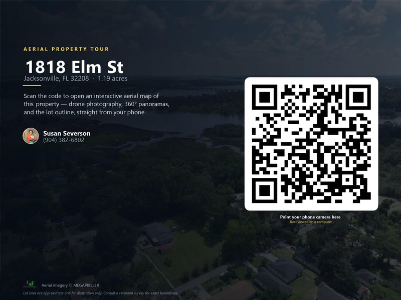 Property tour graphic with agent name and QR code for 1818 Elm St, Jacksonville, FL 32208