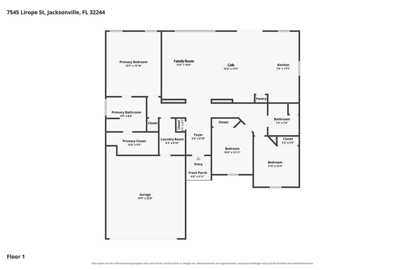 Floor plan of the three-bedroom home at 7545 Lirope St, Jacksonville, FL 32244