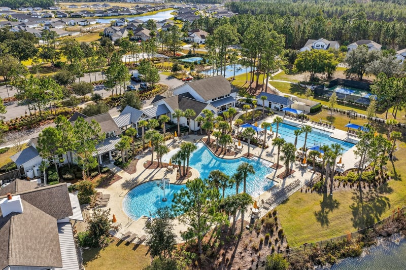 Aerial view of the resort-style pool complex in Whisper Creek