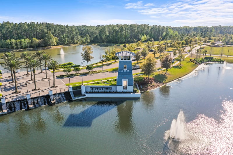 Aerial view of dock and lake tower in St. Johns, FL