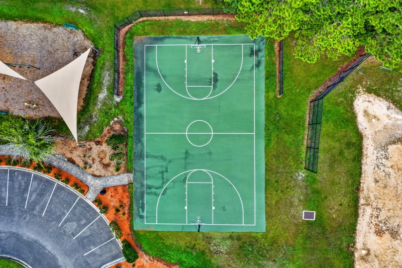 Drone view of basketball court in River Glen
