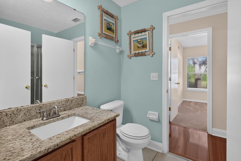 Bathroom with blue walls and wall art at 353 Redwood Ln