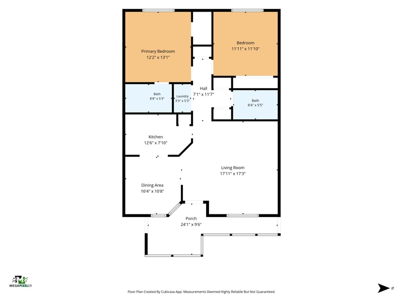 Floor plan showing the living room, kitchen, two bedrooms and baths for 206 16th St, St. Augustine, FL 32080