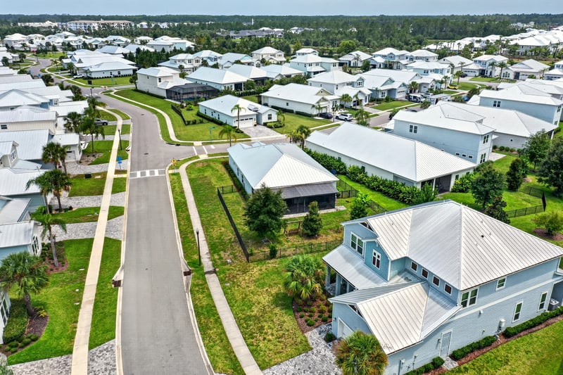 Drone view looking down Tilloo Ct in Beachwalk, St. Johns, FL