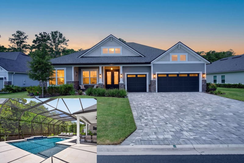Front exterior at day-to-dusk with lit windows and paver driveway at 785 Back Creek Dr, St. Augustine, FL 32092