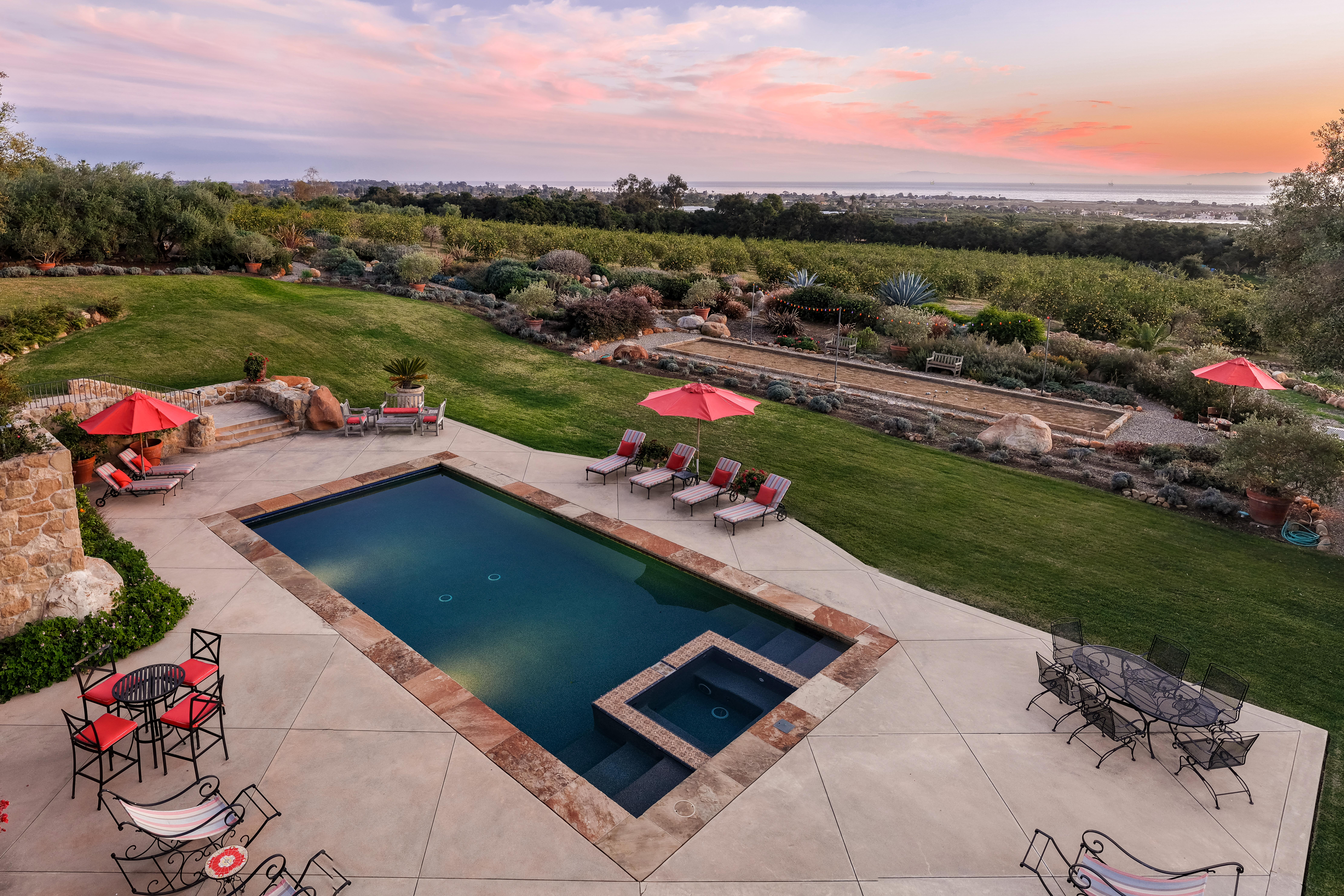 Aerial drone photography of the Carpinteria coastline and Channel Islands horizon as seen from 1915 Monte Alegre Dr — virtual real estate photography and Inspire 3 cinema drone footage elevating this estate's presentation across the Los Angeles and Santa Barbara luxury markets. Our team captured editorial photography, aerial drone photography via Inspire 3 Cinema Drone, a cinematic property video, a true vertical social media reel, and twilight photography from midday through twilight.