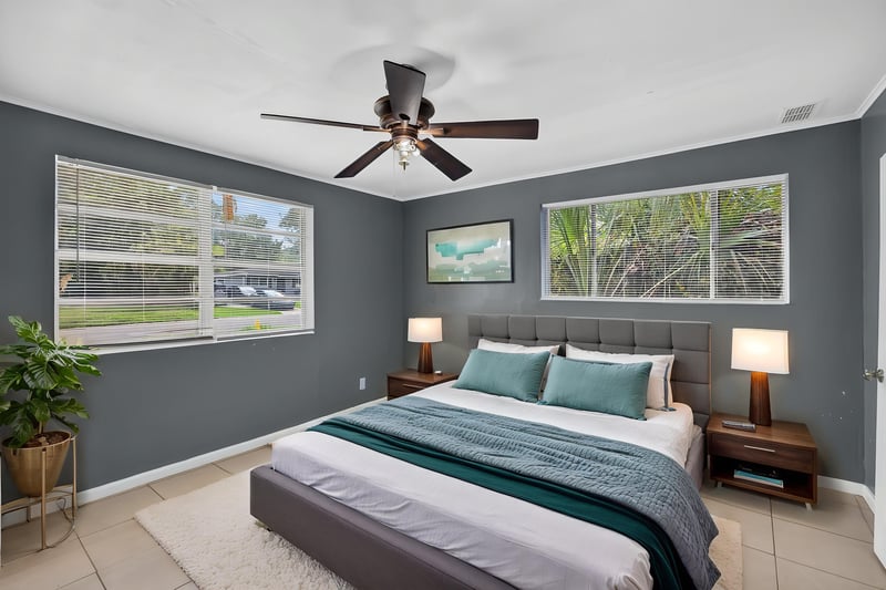 Primary bedroom virtually staged with ceiling fan at 6745 Jack Horner Ln, Jacksonville, FL 32210