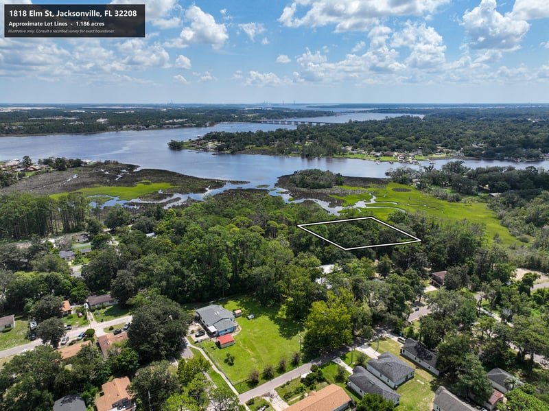 Aerial view of parcel boundary with wide river view at 1818 Elm St, Jacksonville, FL 32208