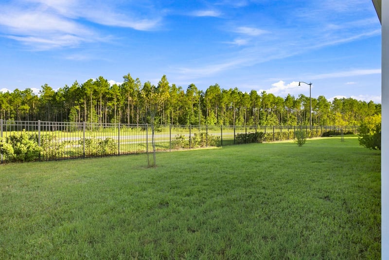 Backyard lawn with black metal fence and tree line at 27 Holly Rdg Wy, St. Augustine, FL