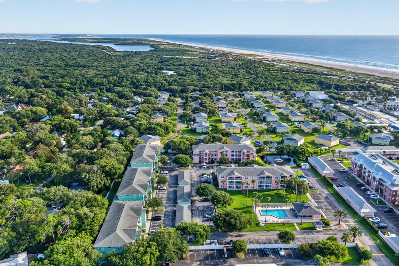 Aerial view of the neighborhood and coastline in St. Augustine, FL