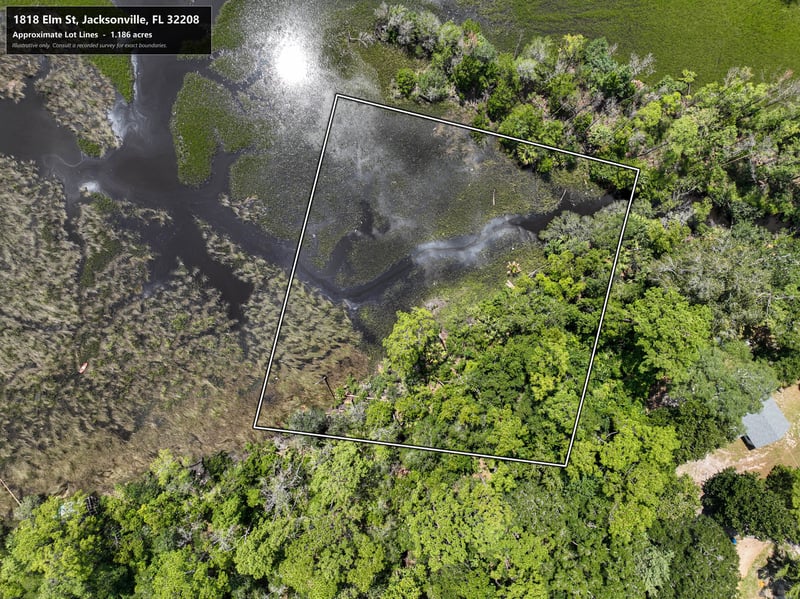 Aerial view of parcel boundary over wooded marsh land at 1818 Elm St, Jacksonville, FL 32208