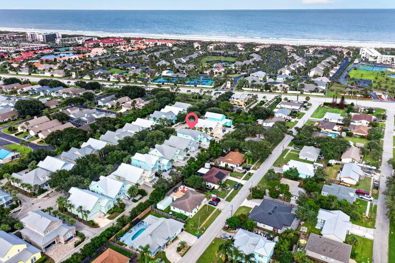 Aerial view toward the coastline and beach in St. Augustine, FL