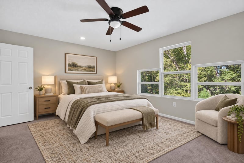Bedroom with staged furniture, photographed by Megapixeler on Lem Turner Rd, Jacksonville