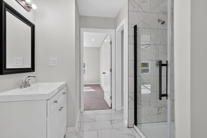 Bathroom vanity and shower, photographed by Megapixeler on Lem Turner Rd, Jacksonville