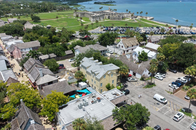 Aerial view of the historic district with the bay and distant shoreline in St. Augustine, FL