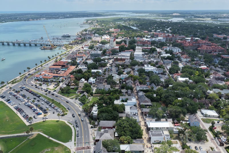 Aerial view of the inlet, bridge, and coastline in St. Augustine, FL